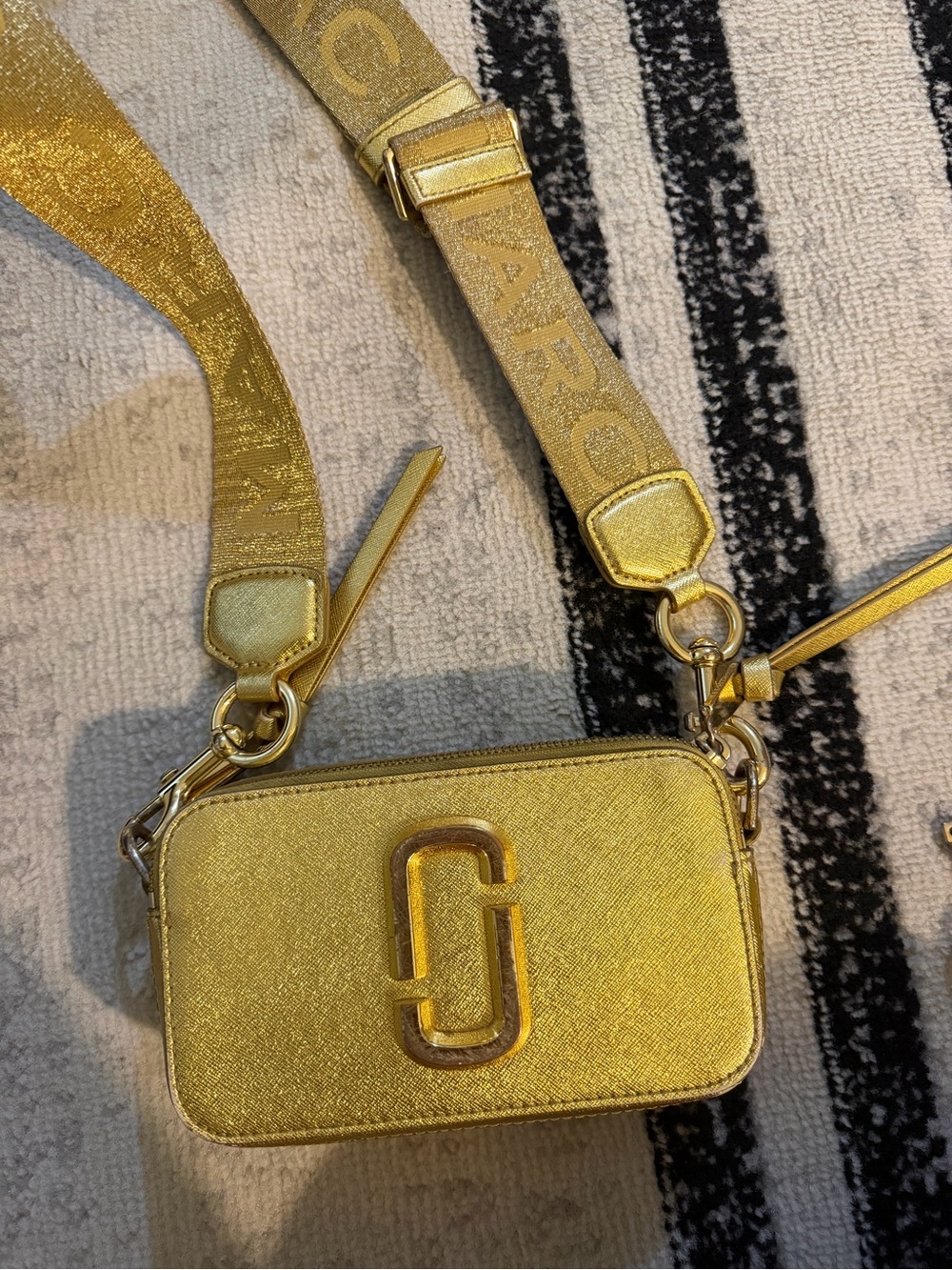 Marc Jacobs Metallic Gold Crossbody Camera Bag with Logo Strap